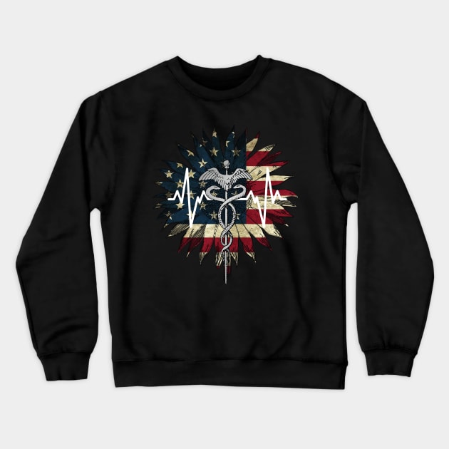 American Flag Nursing Student Sunflower RN ER CNA LPN Gift Crewneck Sweatshirt by Blink_Imprints10